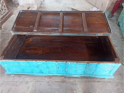 Antique Indian Trunk Chest Coffee Table, Blue Handcarved Hope Chest Storage Cover