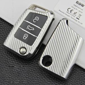 TPU Carbon Filber Car Flip Key Fob Case Cover For VW Volkswagen Golf MK7 Skoda - Picture 1 of 11
