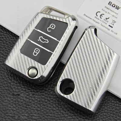 TPU Carbon Filber Car Flip Key Fob Case Cover For VW Volkswagen Golf MK7 Skoda - Image 1 of 4
