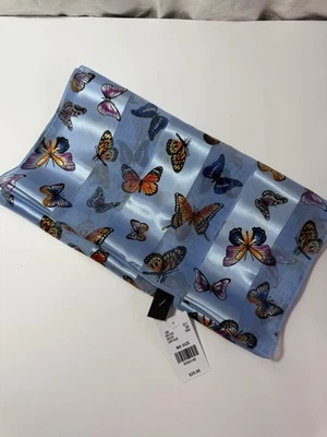 蓝色多色蝴蝶轻便丝绸感觉裹巾实际尺寸 11 英寸 x 59 英寸 — 第 1/2 张图片