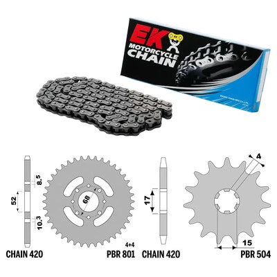 KAWASAKI Z125 PRO (BR125) 125 2017-2022 catena corona pignone kit 420 PBR EK1631 - Изображение 1 из 4