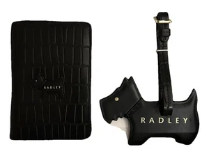 RADLEY BLACK LEATHER PASSPORT COVER HOLDER LUGGAGE TAG SET GIFT BOX NEW!!! - Picture 1 of 8