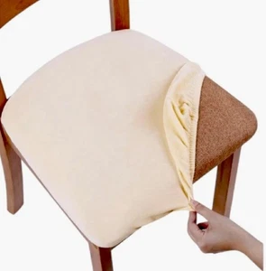 Samt Stuhl Sitzbezüge Neu 2er Set Beige Stretch Passform Abnehmbar Waschbar - Bild 1 von 4