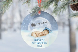 Boy Blue Baby's First 1st Christmas Personalised Gift Present Bauble Tree - Picture 1 of 1