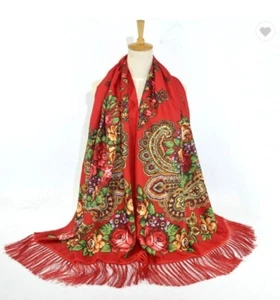 Winter Ladies Russian Floral Tassel Scarves Shawls Red Cotton Scarf New - Picture 1 of 1