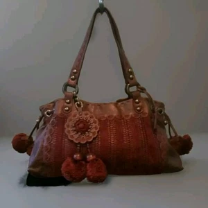 NWOT ISABELLA FIORE SHIMMERY RED LEATHER/KNIT POM TASSEL HOBO SHOULDERBAG $695 - Picture 1 of 12