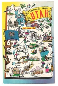 GREETINGS FROM UTAH Map Cities Salt Lake Activities State Symbols Postcard UT - Picture 1 of 2