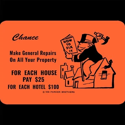 Monopoly Tin Sign 12x8 Man House Repair Hammer How Fix Book Hotel Chance Card   - Image 1 of 2