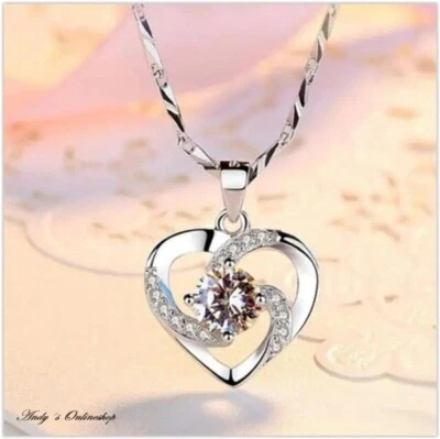 Damen Halskette Herz 925 Sterling Silber Kette Zirkon Anhänger Frauen Schmuck - Bild 1 von 4