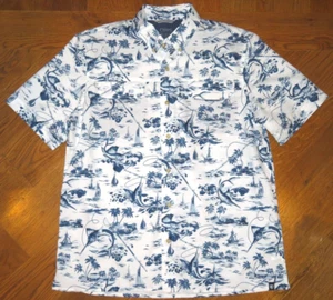 CHAPS White/Blue TROPICAL Sailfish HAWAIIAN s/s UV Protection SHIRT Men L - Picture 1 of 3