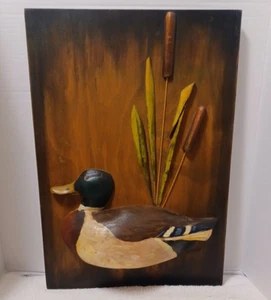 VTG Folk Art Wall Hanging 3D Bird Wooden Painted Duck Plaque Carved Wood Signed - Picture 1 of 12
