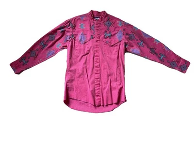Vintage Men’s  15 1/2 x 34 Wrangler Pink Aztec Mandarin Collar Brushpopper Shirt - Image 1 of 4