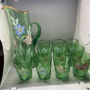 Fenton? Hand Painted Pitcher w 10 glasses - Picture 1 of 11