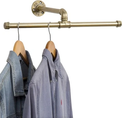 Tubo de metal industrial de 20 pulgadas tono latón barra en T colgante ropa estante de pared Foto 1 de 4