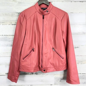 Roz & Ali Salmon Pink Faux Leather Vegan Moto Jacket Womens Full Zip Size M - Picture 1 of 16