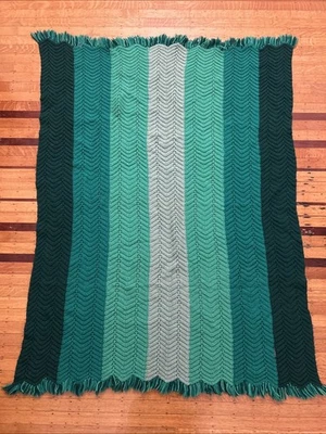 Handmade Crochet Afghan Blanket Chevron Green Stripes 64”x 48” - Image 1 of 4