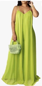 Slightly Kiss Green S Strap Chiffon Dress Loose Fit Lined Open Back Beach Party - Picture 1 of 24