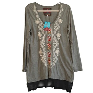 Johnny Was Floral Embroidery Everyday Tee Women Sz Large Green Tunic Boho NEW - Picture 1 of 8