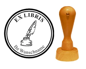 EX LIBRIS Stempel Rundstempel Tintenfaß Feder Namen Holz Bücherstempel exlibris - Imagen 1 de 2