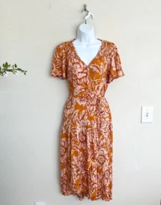 NWT Band Of Gypsies Gold Floral Viscose Short Slv Boho Maxi Wrap Dress Womens XS - Picture 1 of 15