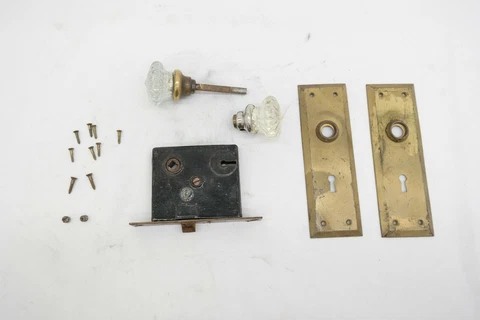 Vintage Mortise Lock Set Bracket 2" Glass Door Knobs + 7" Face Plate - No Key TF Cover