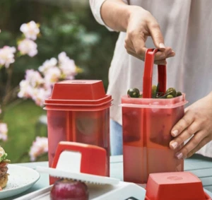 Dos contenedores Tupperware Pick A Deli 4 1/2 tazas rojo chile colador extraíble nuevo - Imagen 1 de 3