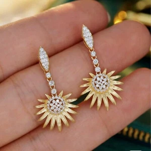 Vintage Sunflower Natural Diamond Women Dangle Earrings Solid 14K Yellow Gold - Picture 1 of 7