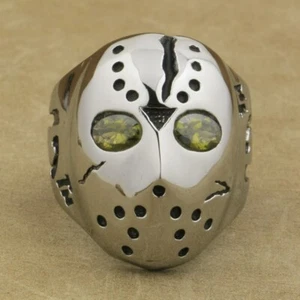 Stainless Steel Olive Green CZ Eyes Halloween JS Hockey Ring Punk Ring 3F601C - Picture 1 of 21
