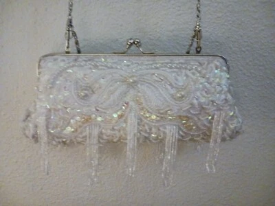 WHITE BEADED SEQUINED EVENING BAG, 6 " X 7",   NEW  - Image 1 of 4