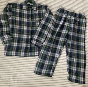 Vintage USA LL Bean Womens Plaid Flannel MEDIUM 2 Piece Pajama Set Green Blue - Picture 1 of 3