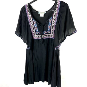 Flying Tomato Geo Print Embroidered Black Sundress Size S Flutter Sleeve Boho - Picture 1 of 10
