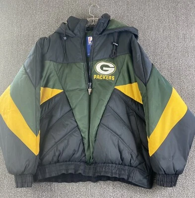 Green Bay Packers Pro Player Vintage Jacket Puffer Hooded Zip Green Yellow Large - Image 1 of 4