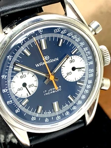 Wakmann Men's Watch Vintage Swiss Valjoux 7733 Manual Wind Chronograph Blue Dial - Picture 1 of 14