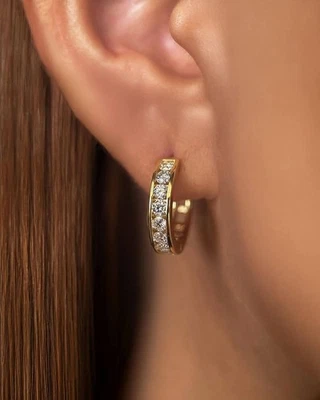 Moissanite Hoop Earrings 1 Carat Round Cut Solid 14K Yellow Gold Gift For Women - Image 1 of 4