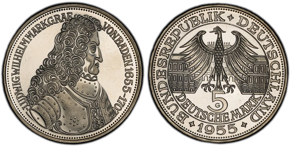 GERMANY Ludwig Wilhelm 1955-G AR 5 Mark. PCGS PR65 Karlsruhe J-390 - Image 1 of 1