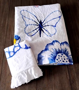 Ikea Sanglarka Twin Duvet Cover & Pillowcase White Blue Pink Butterfly Flowers - Picture 1 of 12