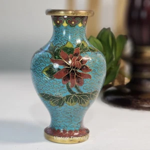 VTG Japanese Vase Enamel on Copper Blue Turquoise & Gold Cloisonne Flowers 1930 - Picture 1 of 12