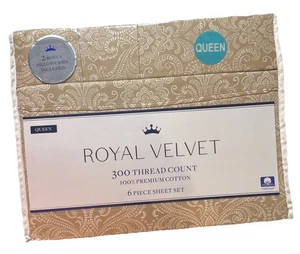 Royal Velvet 6-teiliges Queen Lakenset weiß braun Paisleymuster 100 % Baumwolle 300 Fäden - Bild 1 von 10