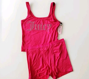 Juicy Couture Logo 2pc Knit Pajama Set 2 piece shorts Tank top Size L Pink - Picture 1 of 6