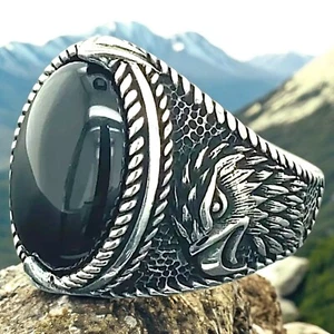 Men’s Eagle Fashion* Ring Vintage-STYLE Black & Silver Size 10 - Picture 1 of 5