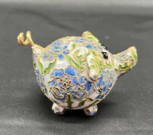 Cloisonné Enameled Pig Figurine Beaded Eyes Curly Tail Cute - Picture 1 of 7