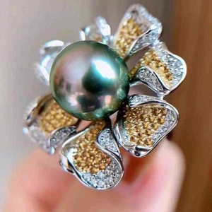 Gorgeous HUGE AAAAA 9-10 mm ROUND natural south sea Black pearl ring 925s - Picture 1 of 4