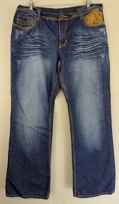 Blac Label Affliction Jeans Men’s Actual 39x33 Whiskered Embroidered Blue Denim - Image 1 of 4