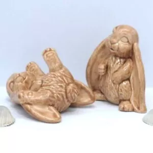 Set Of 2 Ceramic Bunny Figurines, Handmade Tan Statues, Woodland Decor Easter - Picture 1 of 7