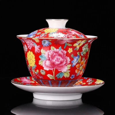 Tureen de porcelana Gaiwan de 6,8 OZ con tapa de platillo de taza color esmalte artesanía Foto 1 de 4