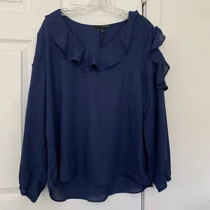 Harve Bernard Blouse Womens XL Navy Blue Long Sleeve Ruffle V-neck Pullover Nwt - Picture 1 of 7