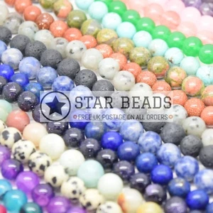 SMOOTH ROUND NATURAL GEMSTONE BEADS STRAND 4MM, 6MM, 8MM, 10MM - PICK COLOUR - Picture 1 of 28