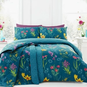 Dreams & Drapes INGRID Floral Duvet Cover Bedding Set Teal Geometric Reversible - Picture 1 of 6