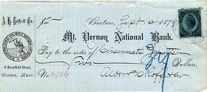 MT VERNON NATIONAL BANK AT BOSTON MASS, REVENUE STAMP,1879,CHECK - Picture 1 of 2