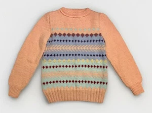 Girls’ Hand-Knit Crewneck Pastel Peach Green Blue Acrylic Sweater Size 7 - Picture 1 of 2